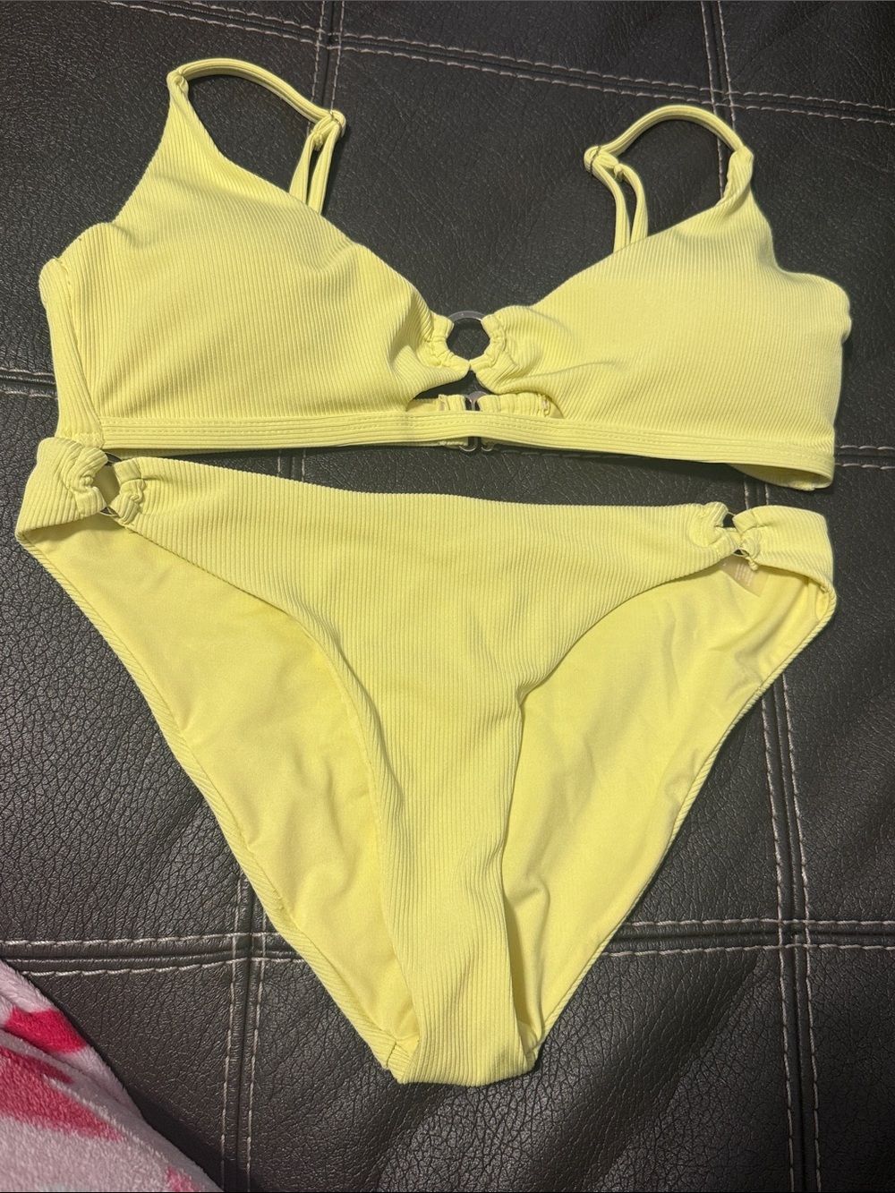 Yellow Ring Detail Ribbed Bikini Set - Women Swim